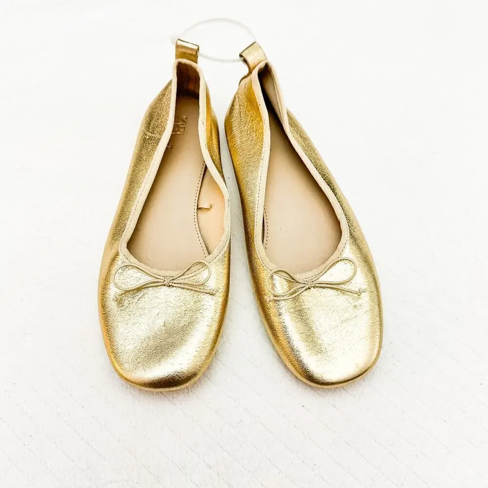 Zara Square Toe Flat Sandal Bow Front Accent Metallic Gold Size 36 EUC
